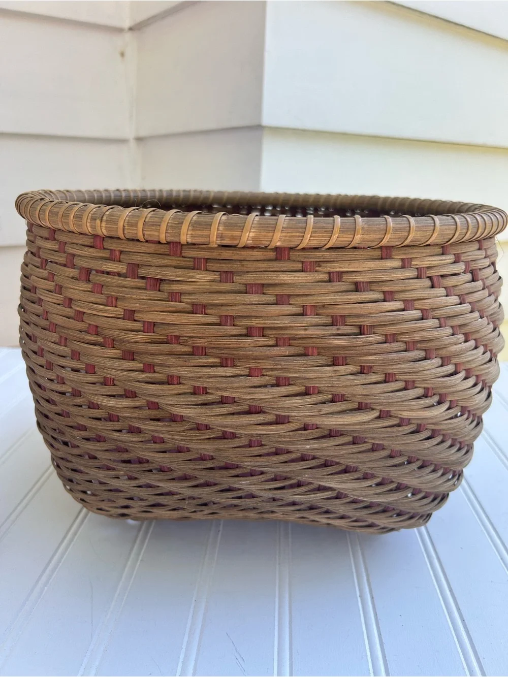 Vintage Basket Hand Woven Round Decorative Storage Brown Red Accents  9x14